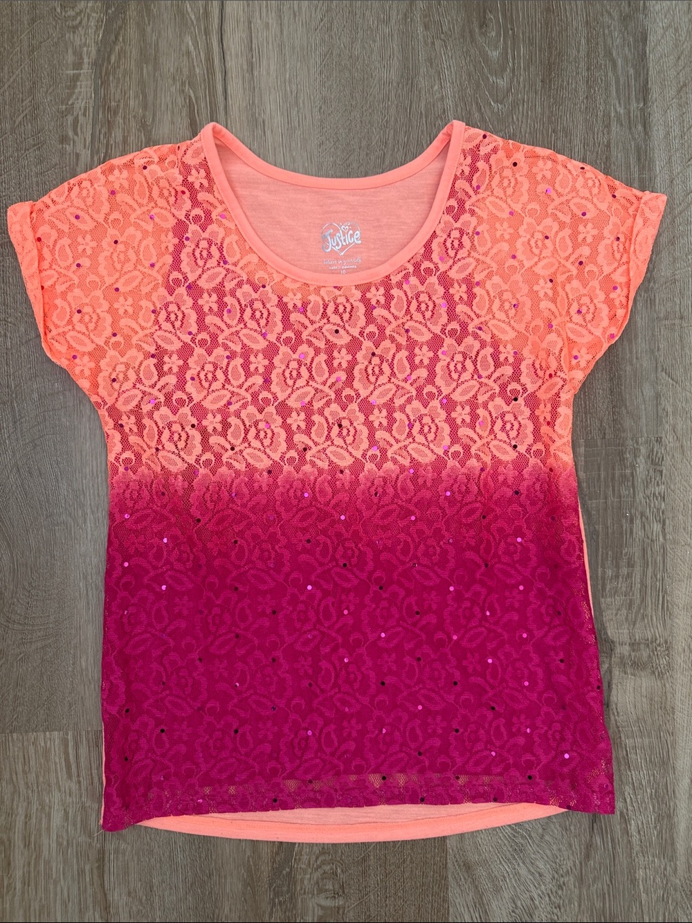 Justice Girls' Coral to Magenta Ombre Lace Short Sleeve Tee